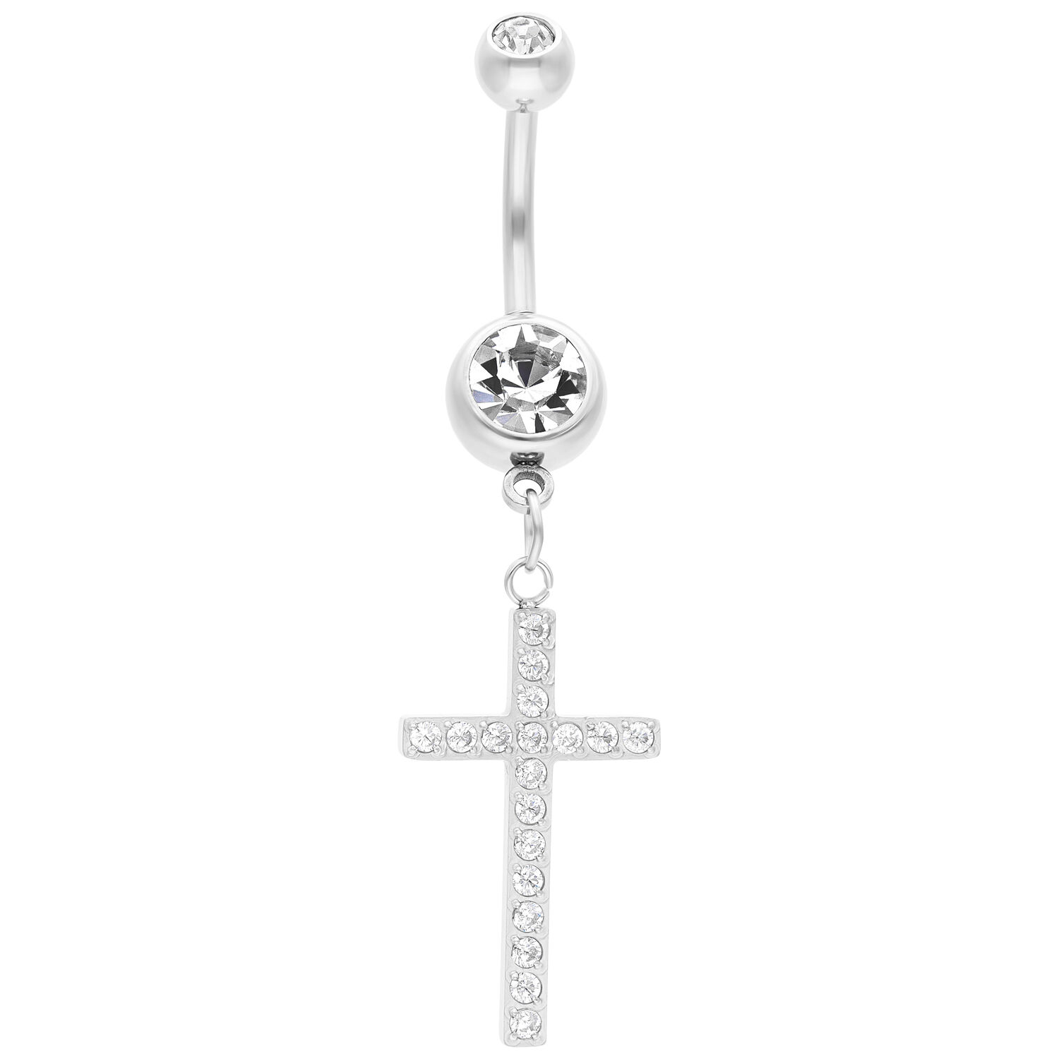 Piercing nombril argenté avec croix pendante et cristaux clairs sur fond blanc