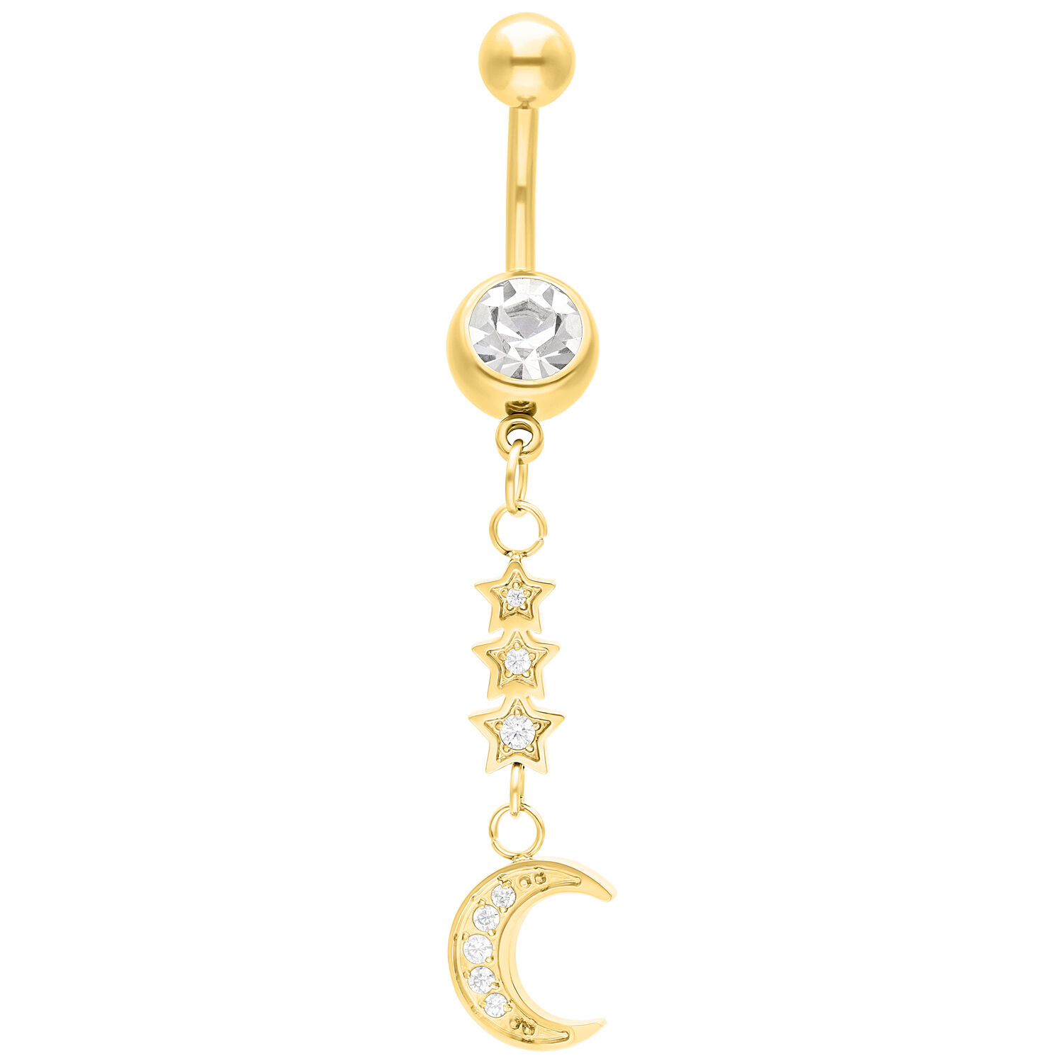 Bananabell doré avec cristal clair et pendentif lune sur fond blanc