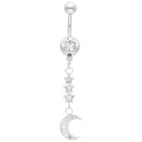 Piercing nombril avec pendentif lune en argent et étoiles sur fond blanc