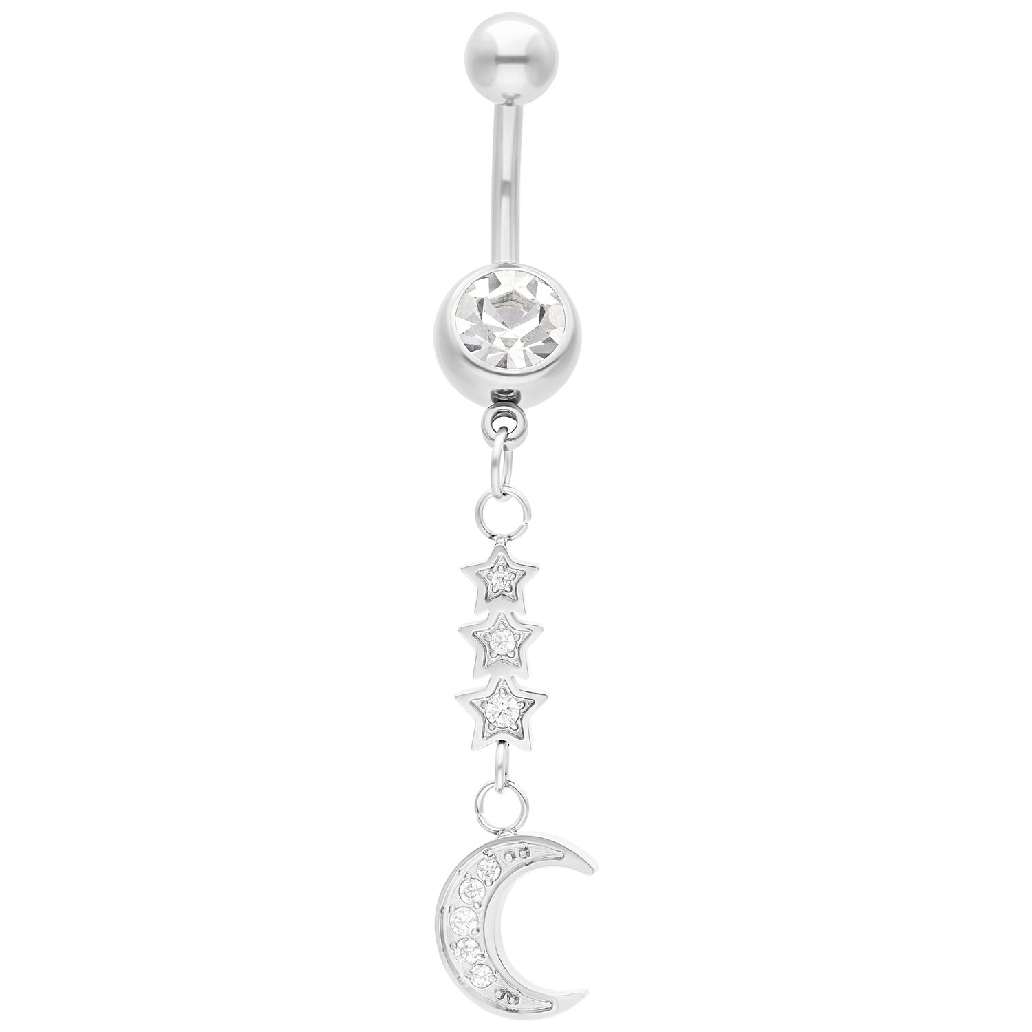 Piercing nombril avec pendentif lune en argent et étoiles sur fond blanc