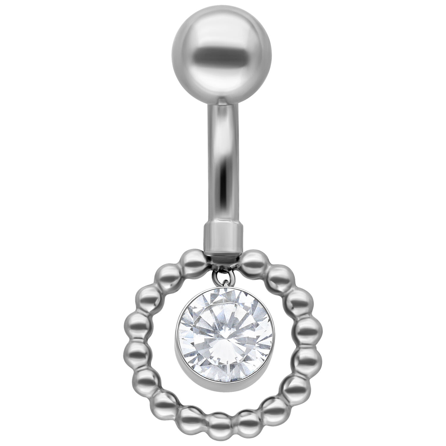 Banane en argent avec cristal et anneau de perles Piercing de nombril en argent avec cristal et anneau de perles sur fond blanc
