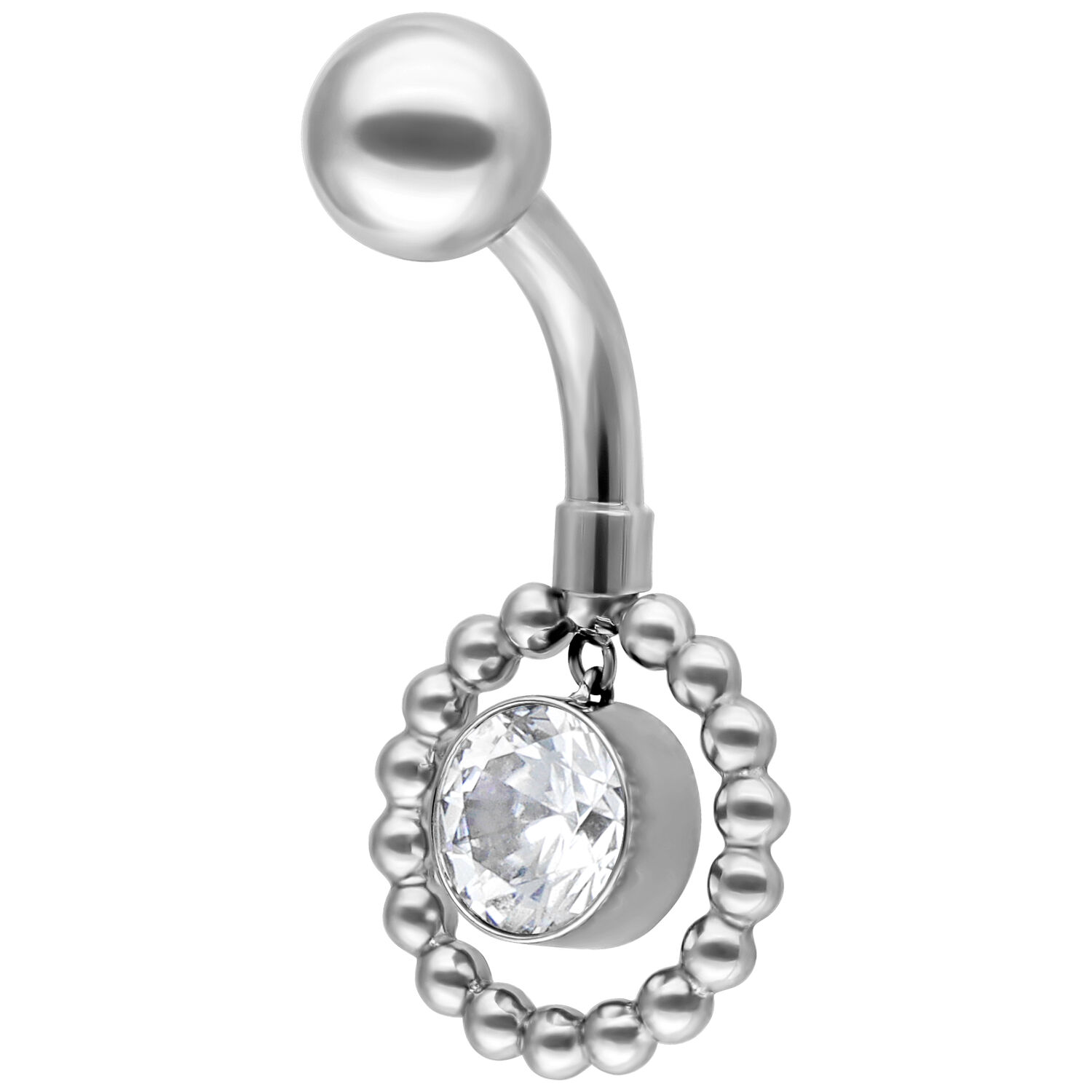 Bubble Circle Bananabel 10mm Cristal Clair Argent Bananabel argenté avec pierre cristal clair et cercle de perles sur fond blanc