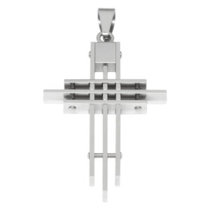 Pendentif croix en acier chirurgical 316L argenté sur fond blanc