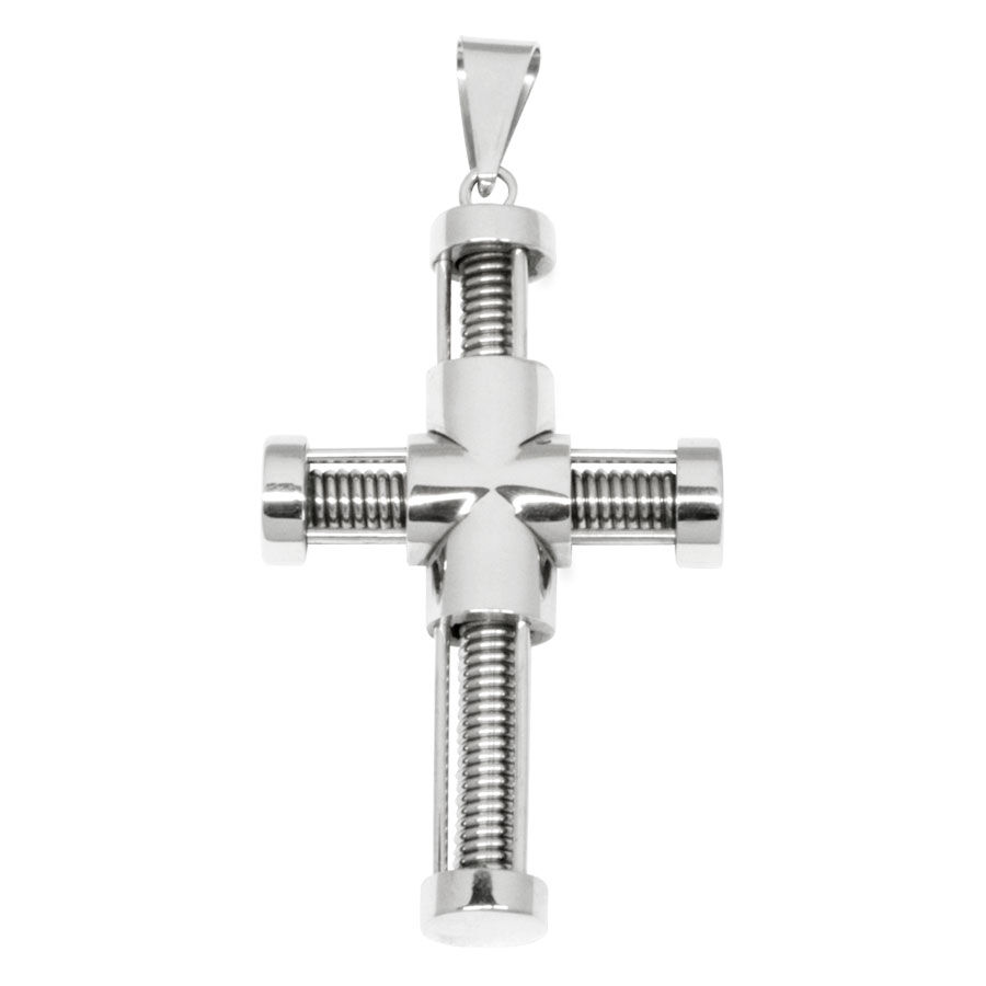 Wildcat® - Pendentif croix en acier argenté Pendentif croix en acier chirurgical argenté avec détails vissés sur fond blanc