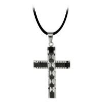 Pendentif croix en acier chirurgical argenté Pendentif croix en acier chirurgical argenté avec cordon noir sur fond blanc