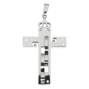 Pendentif croix argenté avec couronne, en acier chirurgical brillant 316L, sur fond blanc