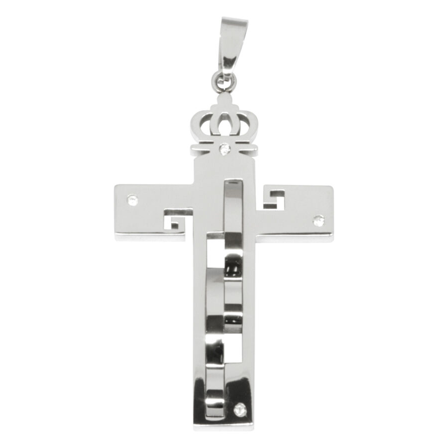 Pendentif croix en acier chirurgical argenté Pendentif croix argenté avec couronne, en acier chirurgical brillant 316L, sur fond blanc