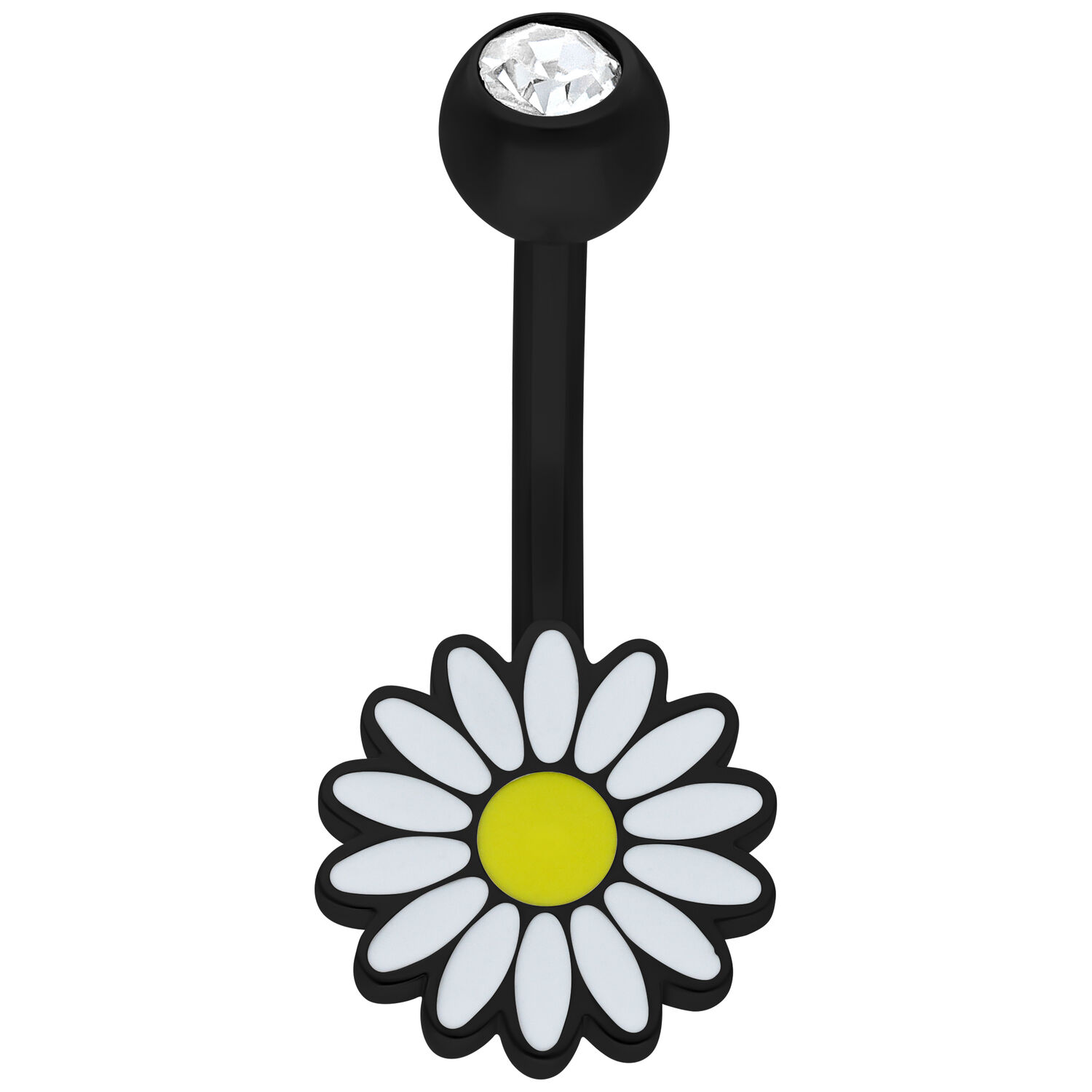 Micro Bananabell noir Daisy avec cristal Bananabell noir avec pendentif marguerite et cristal clair sur fond blanc