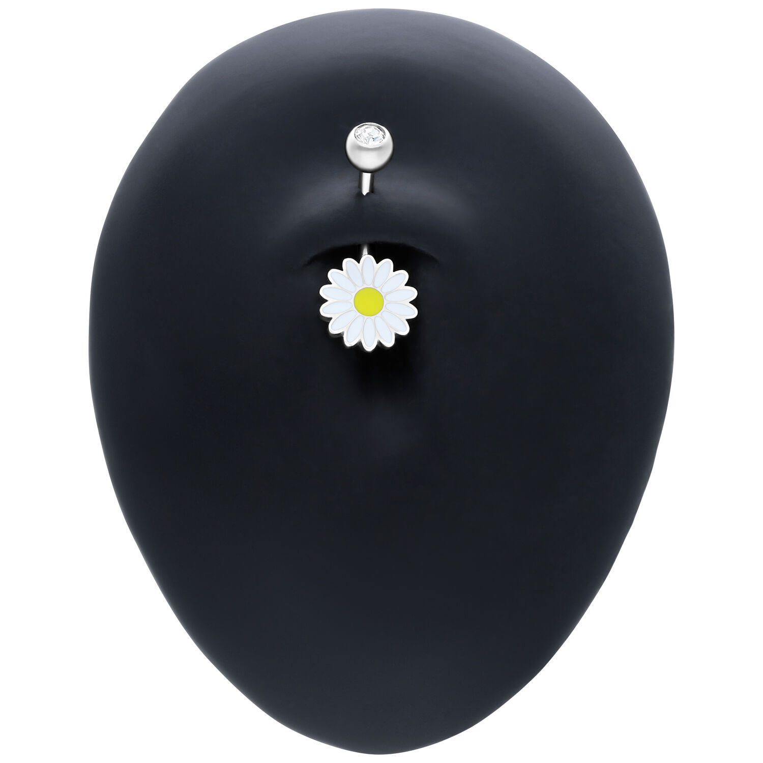 Daisy Micro Bananabell en argent avec cristal Micro Bananabell en argent avec pendentif marguerite et cristal sur présentoir noir