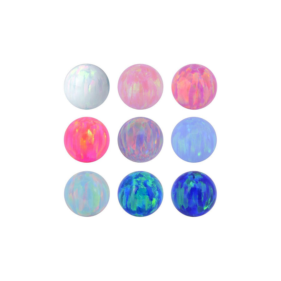 Boules d'opale synthétiques colorées en différentes couleurs Neuf boules d'opale synthétiques en vert menthe, rose vif, bubble gum, bleu clair et bleu marine sur fond blanc
