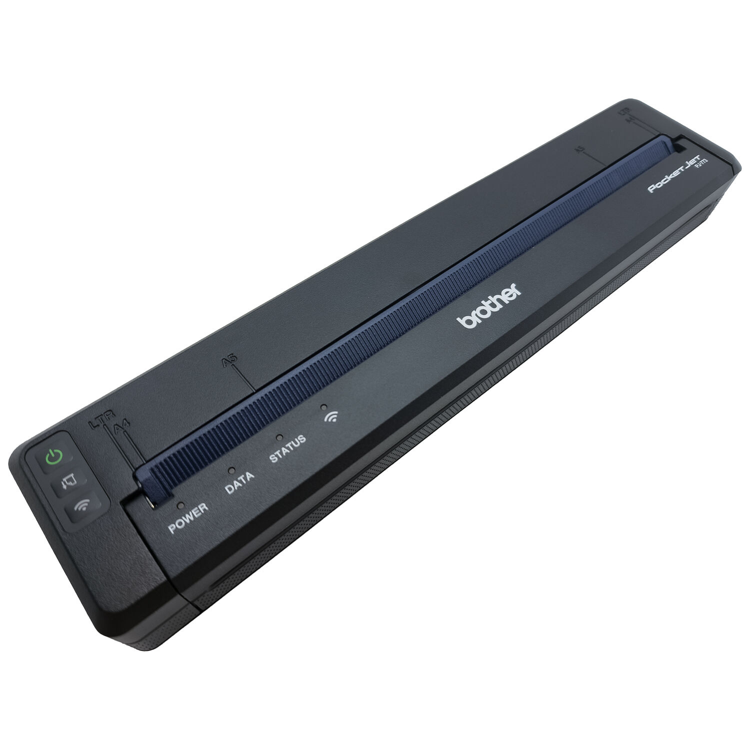 Imprimante thermique mobile A4 noire sans fil sur fond blanc