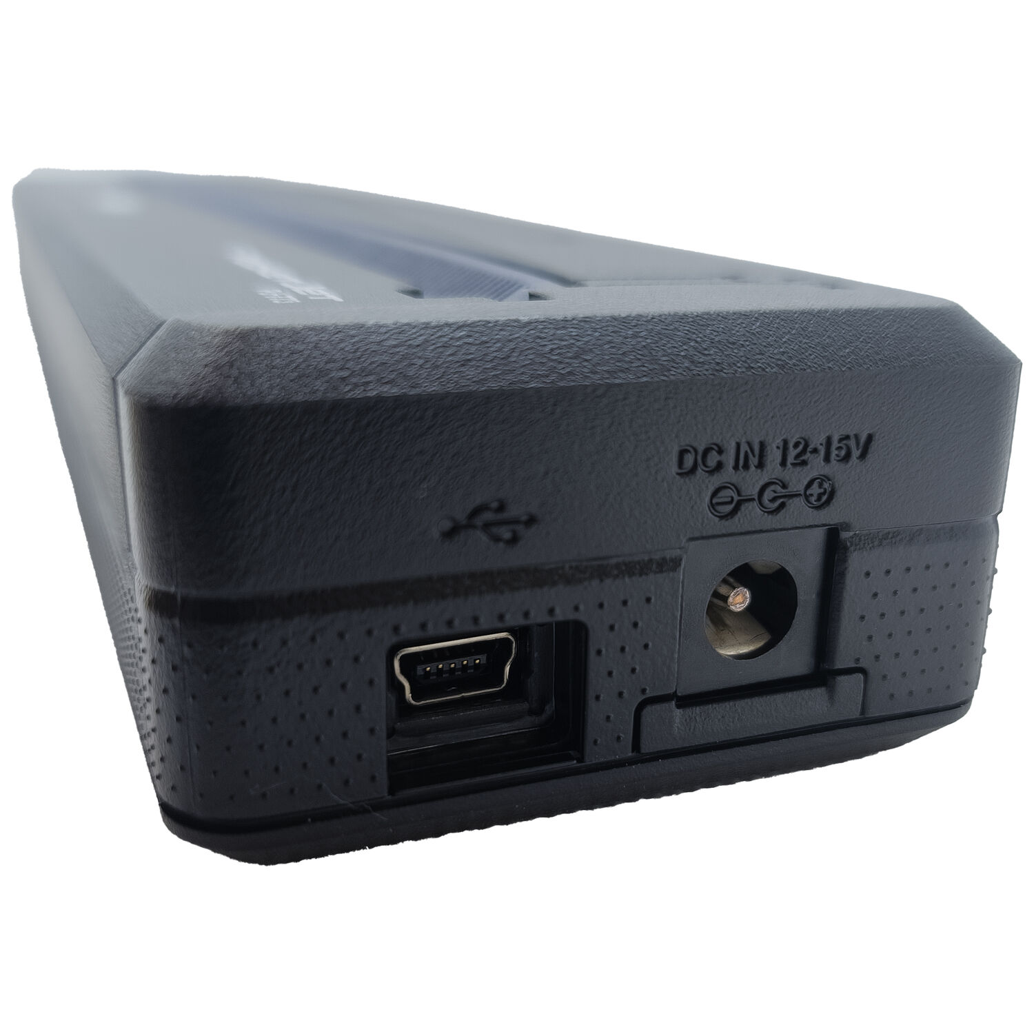 Imprimante thermique A4 noire avec connexion USB et DC, gros plan