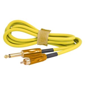 Câble RCA Clip Cord jaune en silicone sur fond blanc