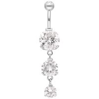 Banane en argent avec trois cristaux Piercing nombril en argent avec trois cristaux clairs sur fond blanc