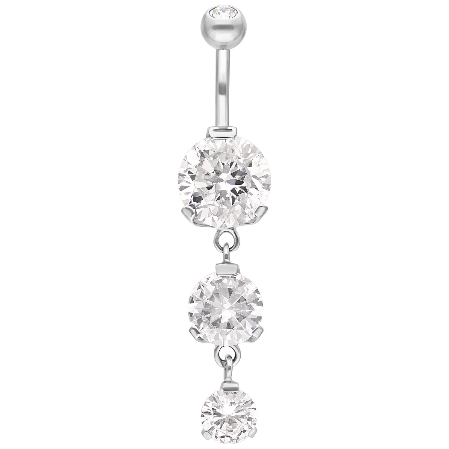 Banane en argent avec trois cristaux Piercing nombril en argent avec trois cristaux clairs sur fond blanc