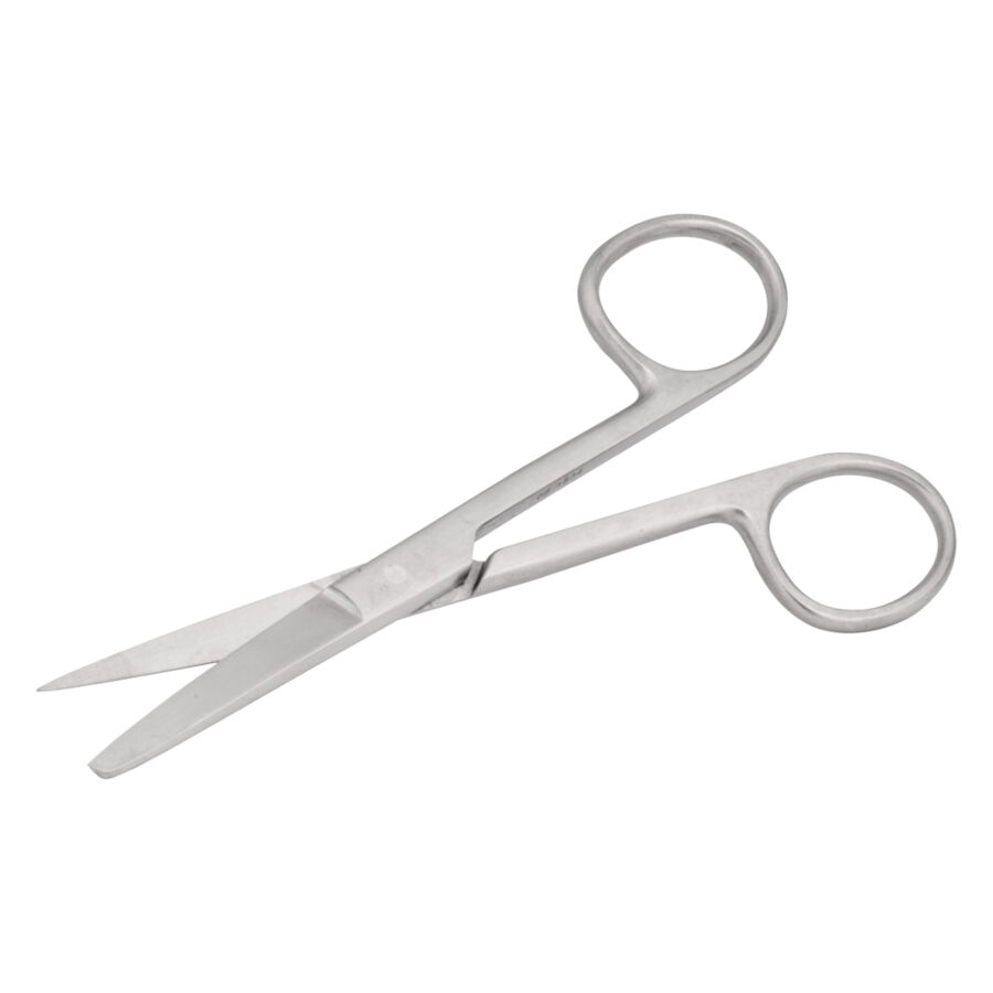 Ciseaux à perçage en acier inoxydable pointus/stumpfs Ciseaux à perçage en acier inoxydable argentés avec lame pointue et lame émoussée sur fond blanc
