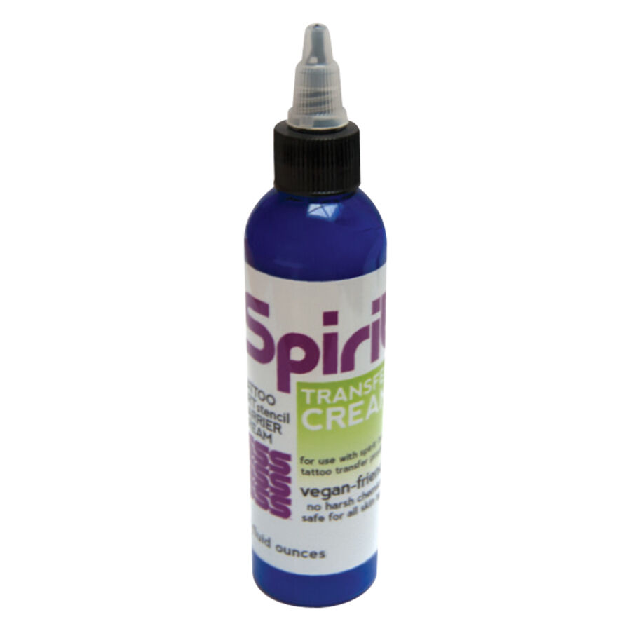 Bouteille bleue de Crème de Transfert Spirit avec étiquette blanche sur fond blanc
