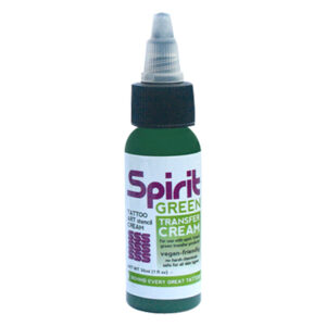 Crème de transfert verte de Spirit dans une bouteille de 30 ml sur fond blanc