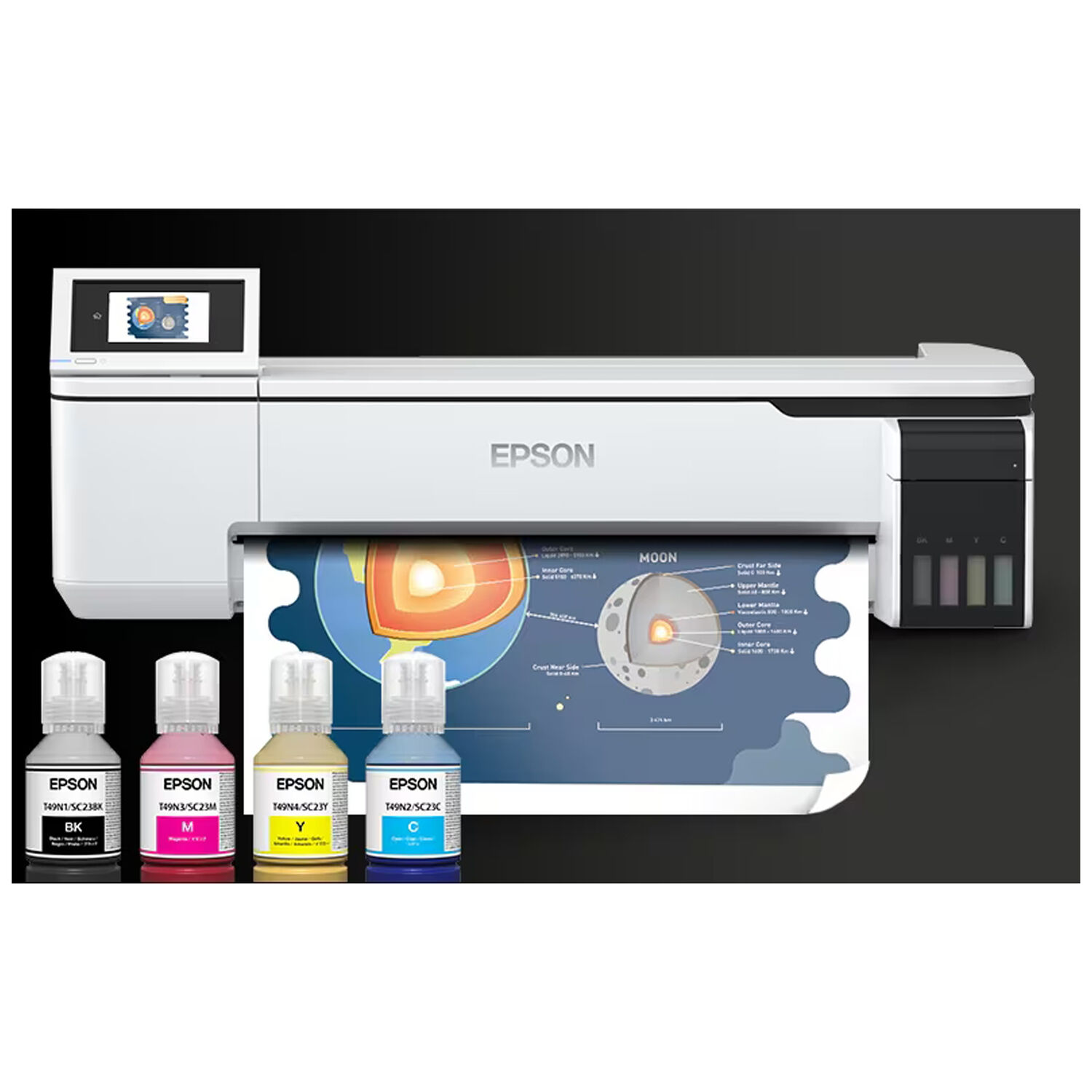 Imprimante grand format Epson SureColor SC-T3100x blanche Imprimante Epson SureColor SC-T3100x blanche avec bouteilles d'encre sur fond noir