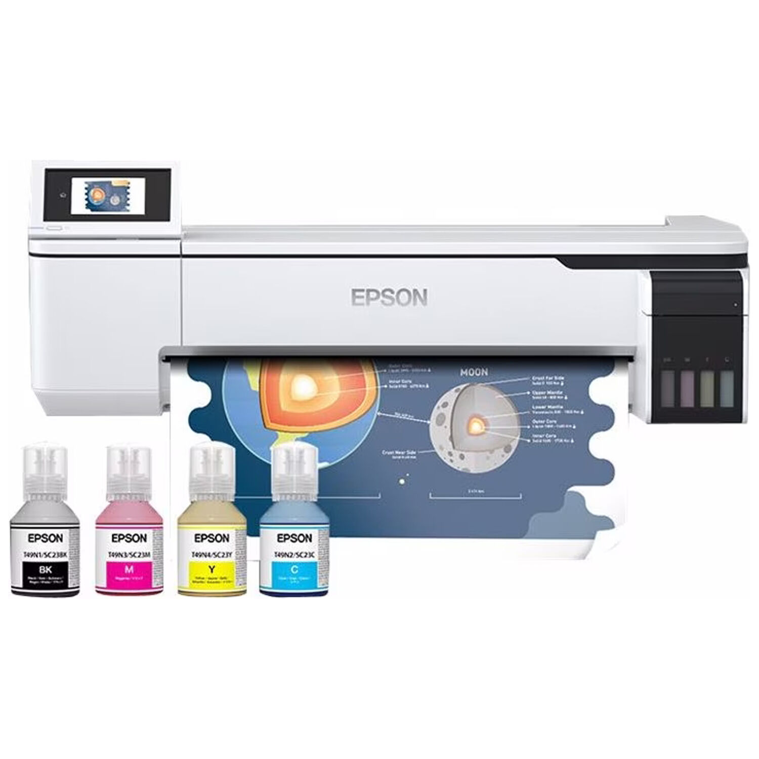 Imprimante Epson SureColor SC-T3100x avec bouteilles d'encre Imprimante grand format Epson blanche avec quatre bouteilles d'encre sur fond blanc