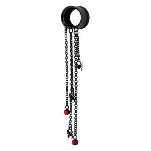 Tunnel en acier chirurgical noir avec chaînes pendantes et pendentifs araignées rouges