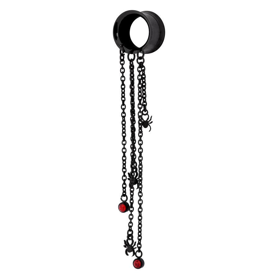 Tunnel noir avec chaînes et pendentifs araignées Tunnel en acier chirurgical noir avec chaînes pendantes et pendentifs araignées rouges