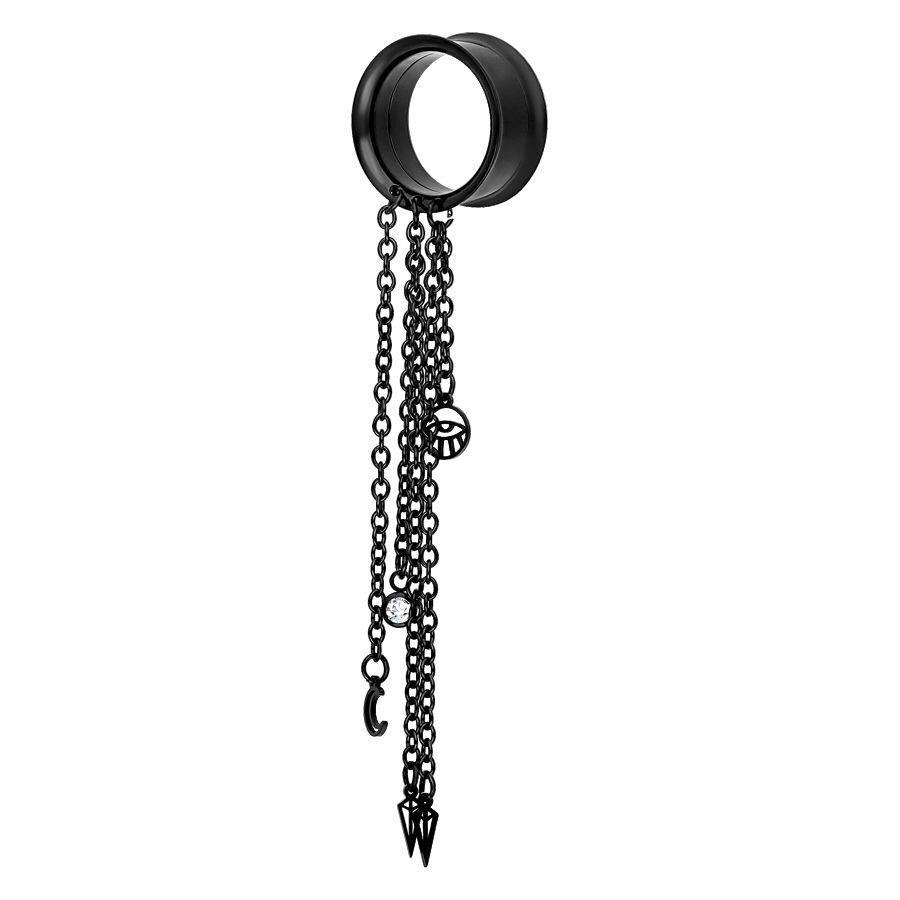 Tunnel noir avec chaînes pendantes et pendentifs Tunnel noir en acier chirurgical avec chaînes pendantes et divers pendentifs sur fond blanc