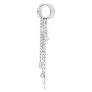 Tunnel argenté en acier chirurgical avec longues chaînes et pendentifs sur fond blanc