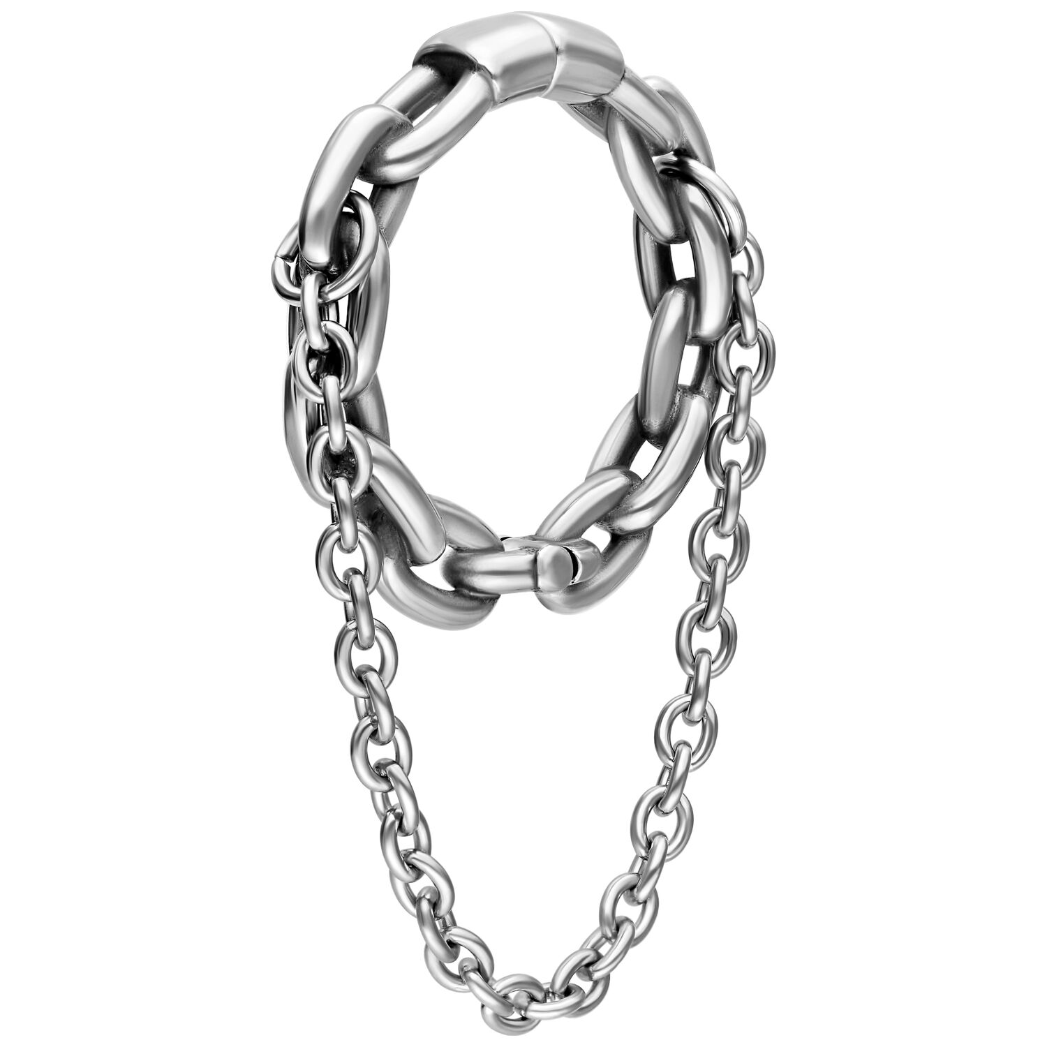 Poids d'oreilles à double chaîne en acier chirurgical argenté Poids d'oreilles argentés avec double chaîne en acier chirurgical sur fond blanc