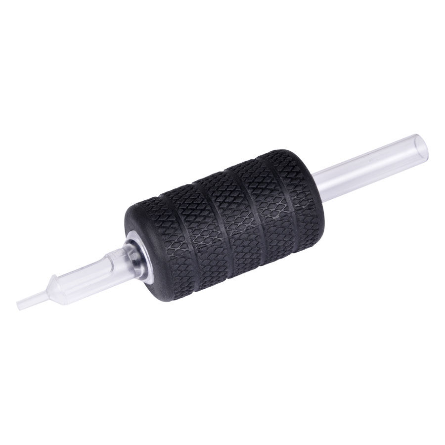 Tube rond en caoutchouc dur noir avec aiguille Poignée en caoutchouc dur noir avec embout transparent sur fond blanc