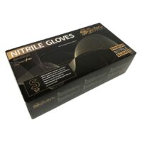 Emballage de gants en nitrile noirs Emballage noir de gants en nitrile avec écriture dorée sur fond blanc