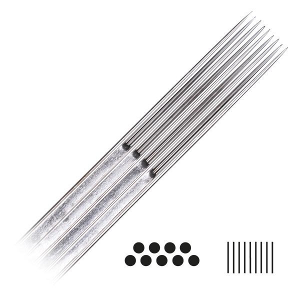 Ensemble de 20 aiguilles Magnum Long Taper Aiguilles Magnum Long Taper argentées sur fond blanc