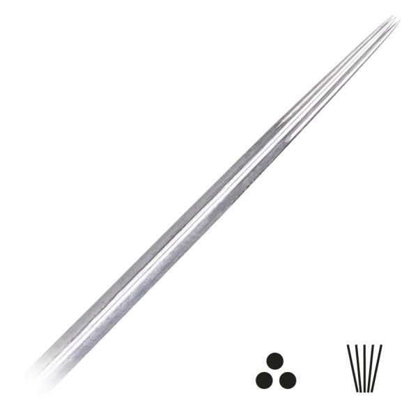 Aiguilles de tatouage Round Liner LT lot de 3 Gros plan sur des aiguilles de tatouage en acier chirurgical 316L, trois aiguilles pointe LT