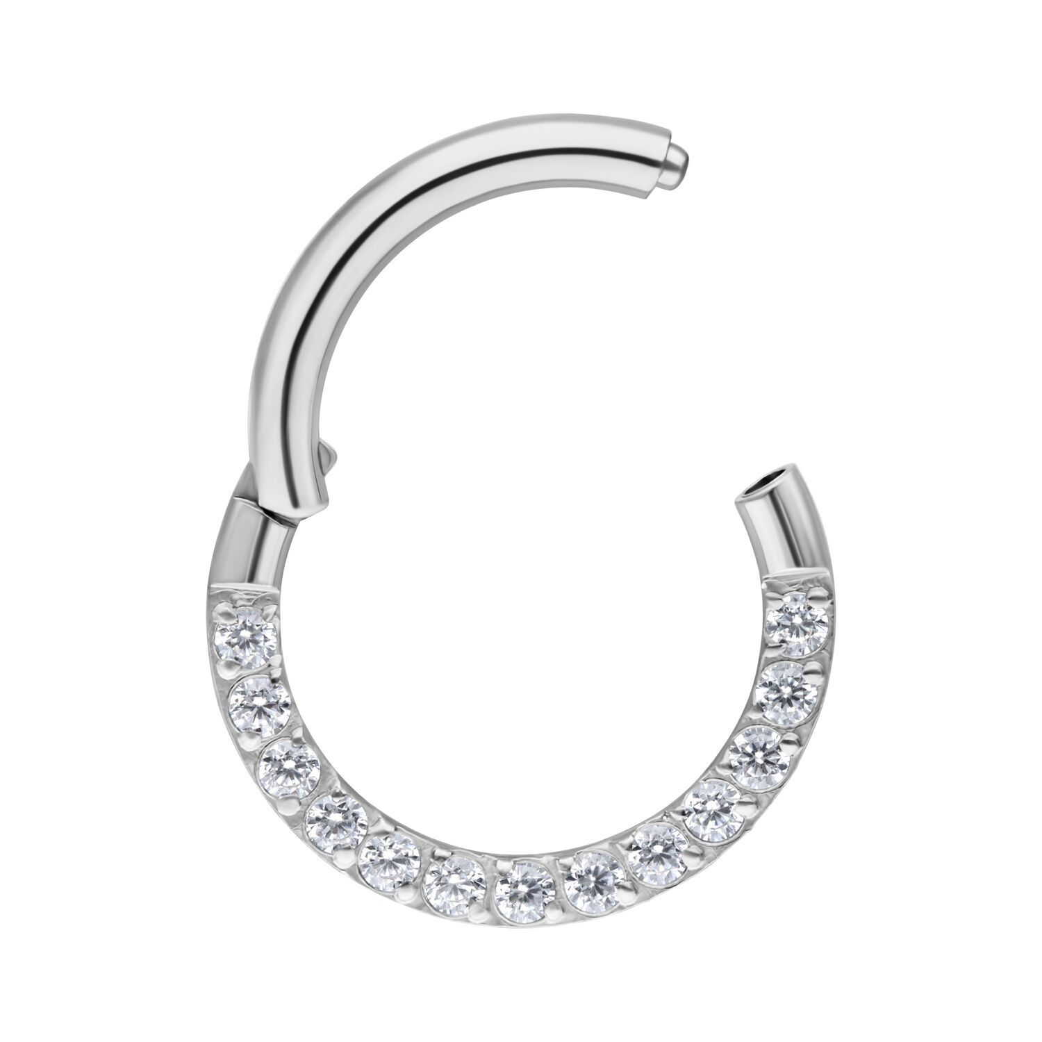 Clicker de Septum Argenté avec Pierres Cristallines, 6mm Clicker de septum argenté en acier chirurgical avec pierres cristallines sur fond blanc