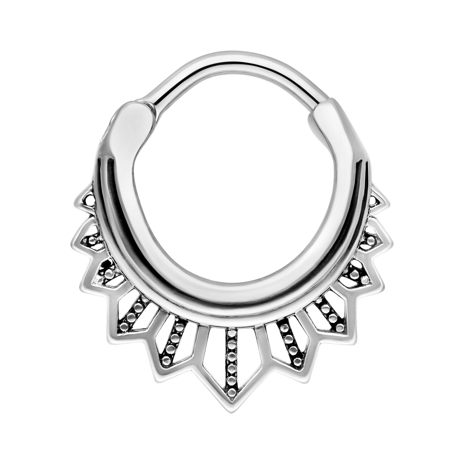 Tigerlily Septum Clicker Piercing en argent Clicker septum en argent avec des pointes décoratives sur fond blanc