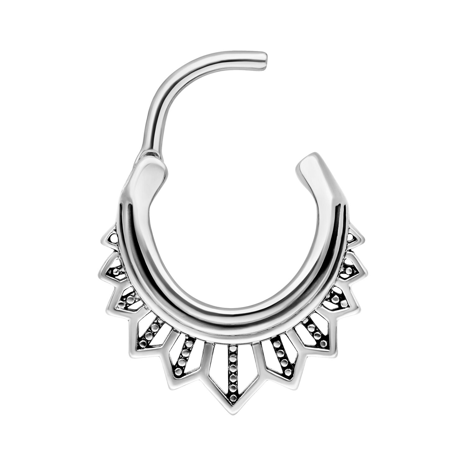 Tigerlily Septum Clicker Argent 10 mm Septum clicker argenté avec motif de soleil stylisé sur fond blanc