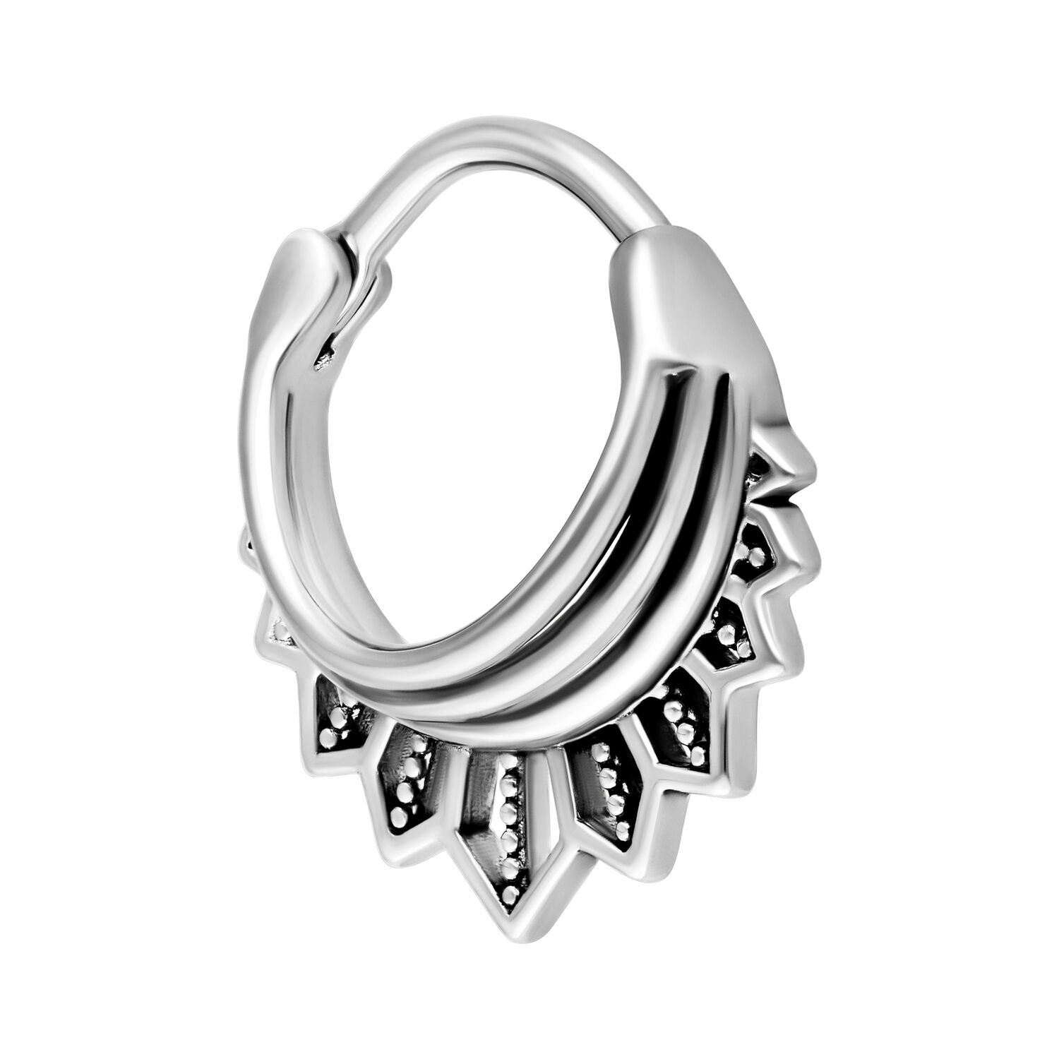 Tigerlily Septum Clicker Argent Piercing Anneau clicker septum argenté avec design floral sur fond blanc
