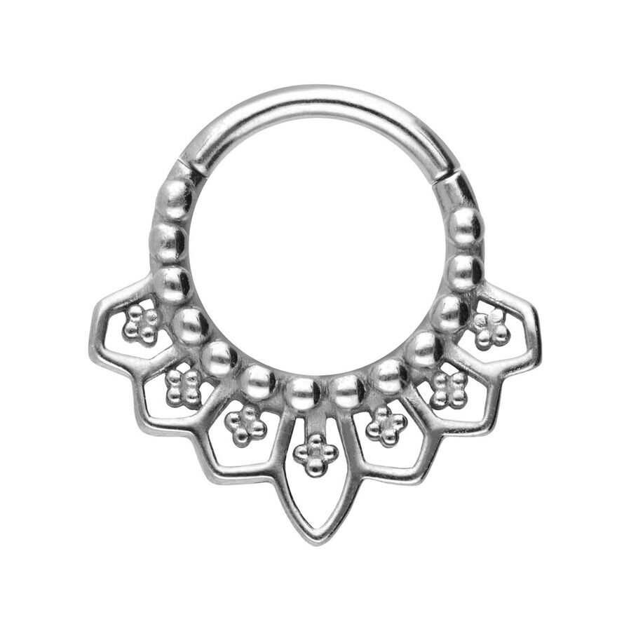 Clicker de Septum Cathedral en acier chirurgical Clicker de septum argenté avec un design détaillé de cathédrale sur fond blanc