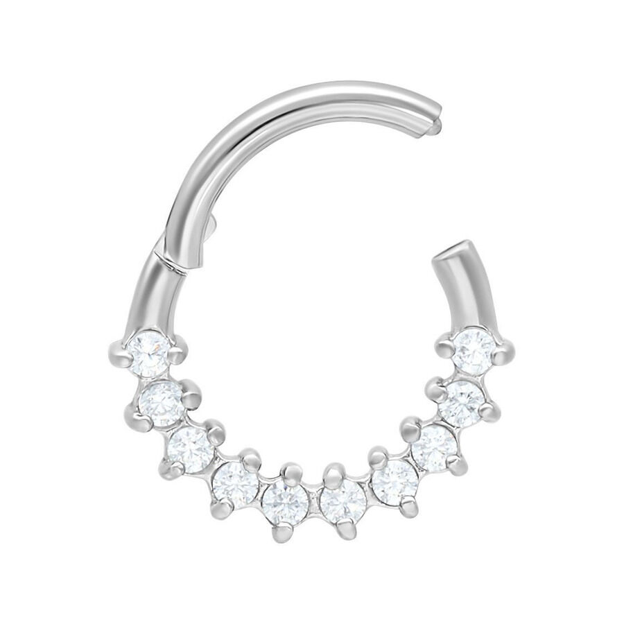 Clicker de Septum Glamour Argenté avec Cristaux Clicker de septum argenté en acier chirurgical avec cristaux clairs sur fond blanc