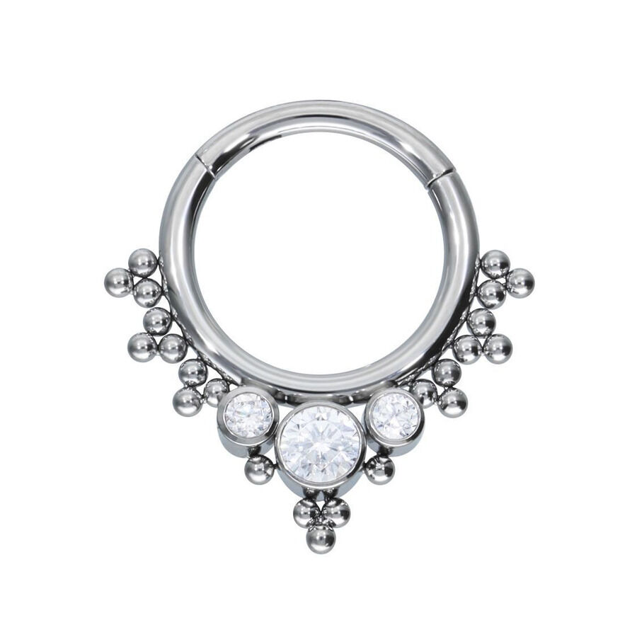 Crystal Bindi Clicker Argent avec Cristaux Clicker de septum argenté avec pierres cristallines sur fond blanc