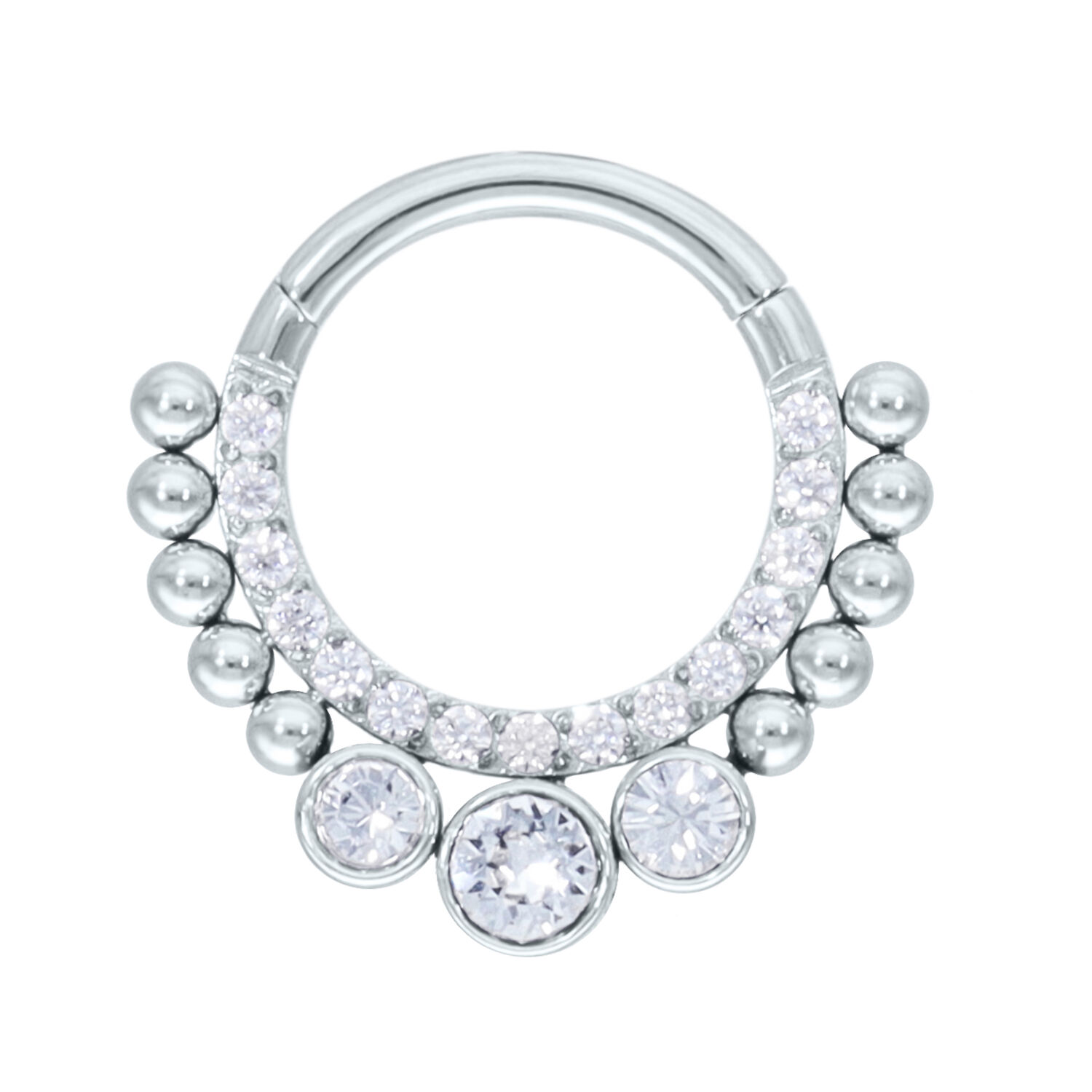 Crystal Tears Clicker en argent avec cristaux Clicker septum en argent avec cristaux clairs sur fond blanc