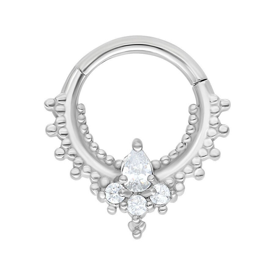 Anneau piercing Oriental Drop Clicker argenté avec cristaux sur fond blanc
