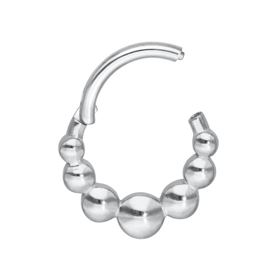 Clicker septum argenté avec design à boules sur fond blanc