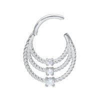 3 anneaux torsadés en argent avec cristaux Anneaux piercing torsadés en argent avec cristaux clairs sur fond blanc