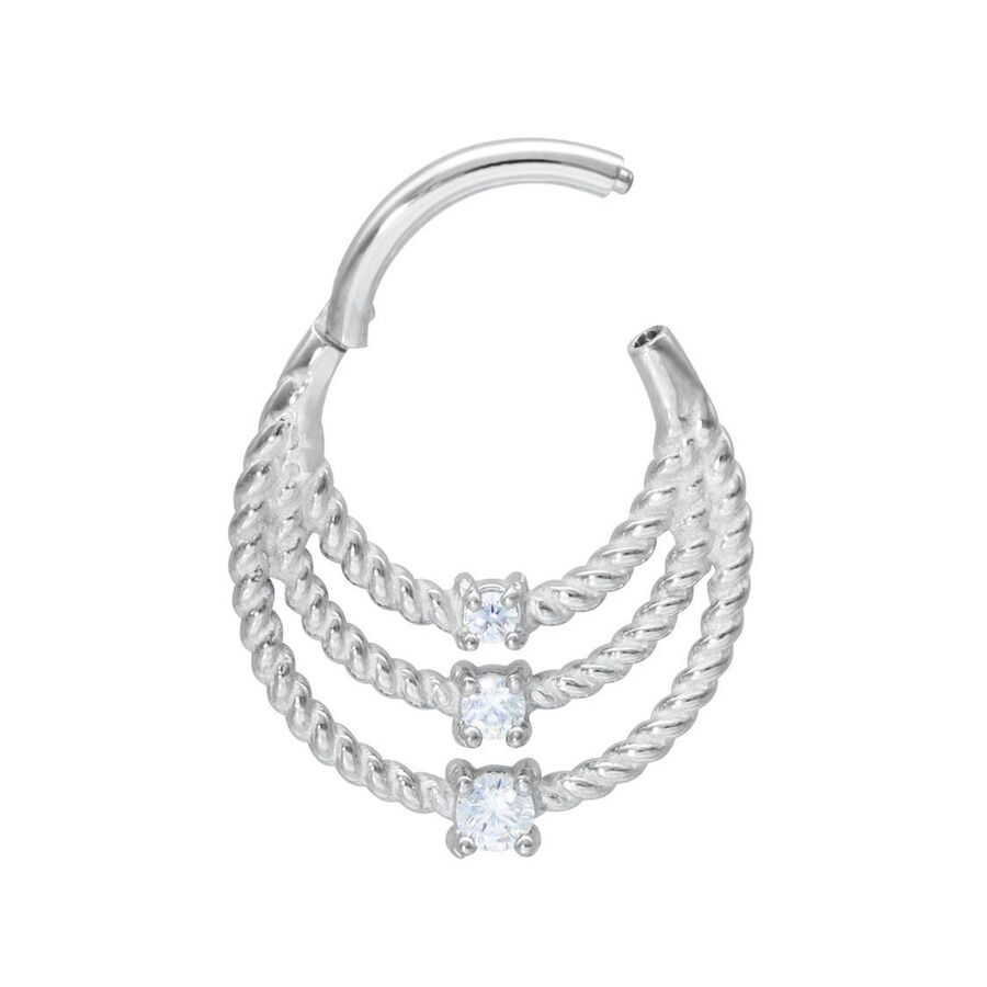 3 anneaux torsadés en argent avec cristaux Anneaux piercing torsadés en argent avec cristaux clairs sur fond blanc