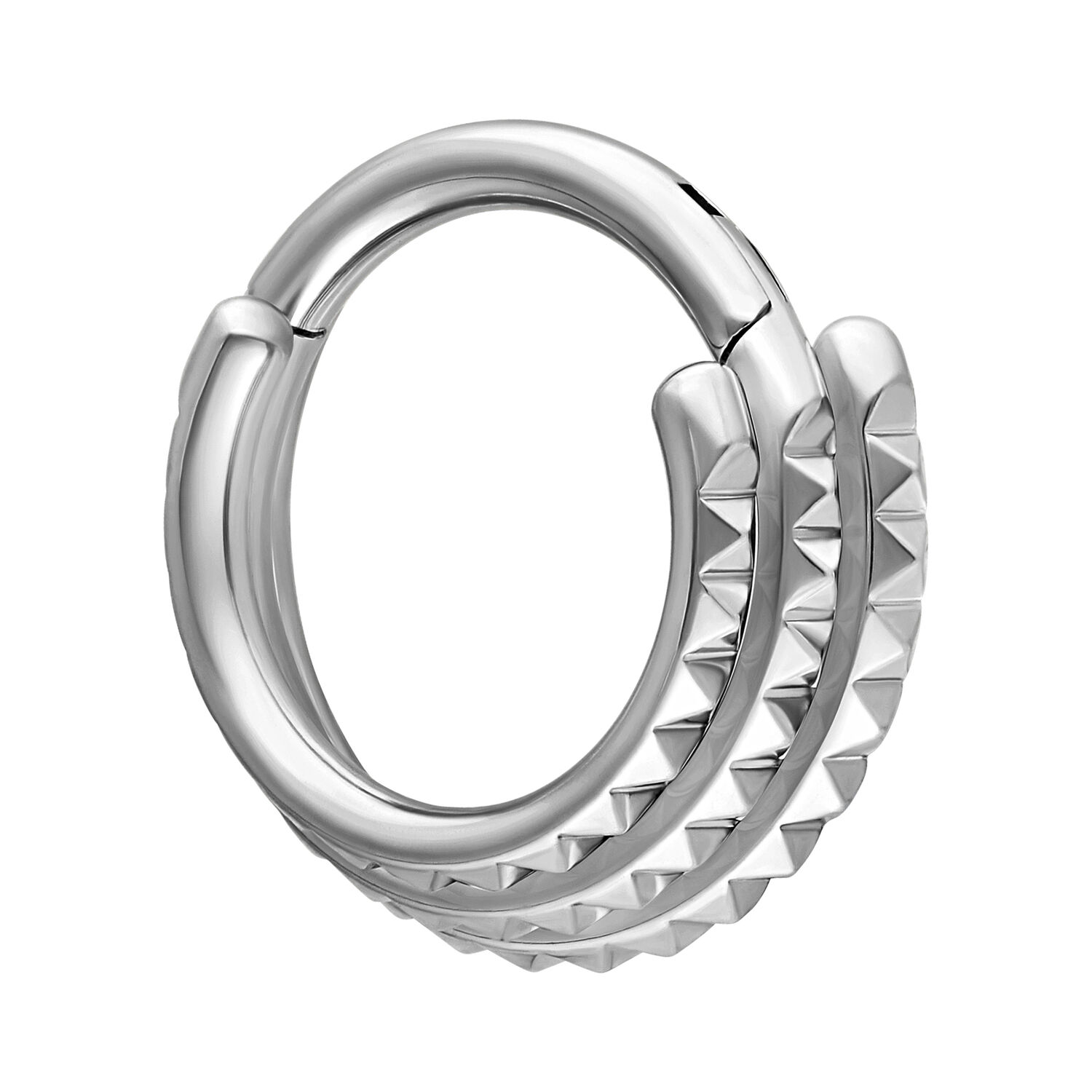 Clicker pour Septum Triple Spike en Argent Clicker de septum articulé en argent avec design triple spike sur fond blanc