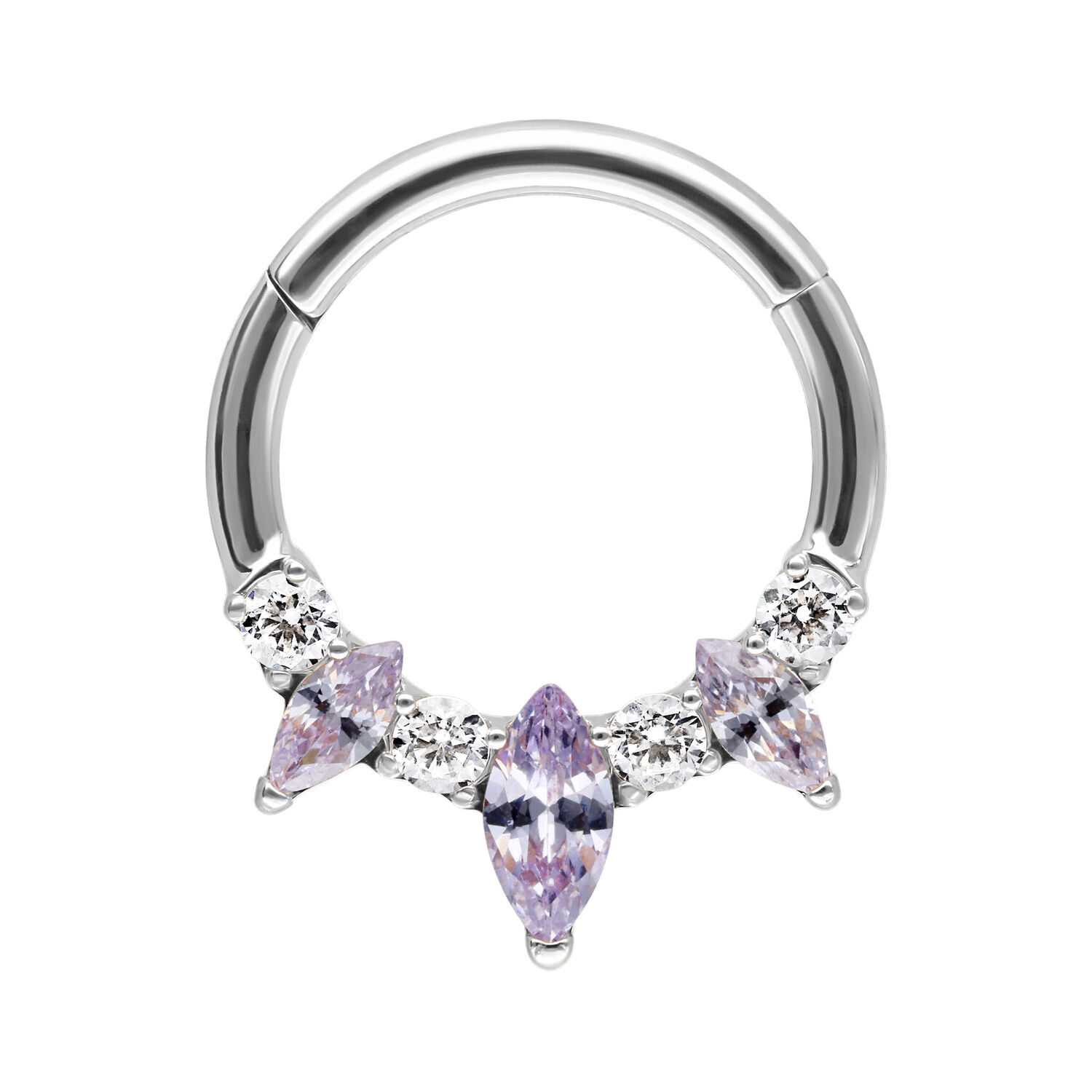 Marquise septum clicker en argent avec cristaux Septum clicker en argent en acier chirurgical avec cristaux lavande sur fond blanc