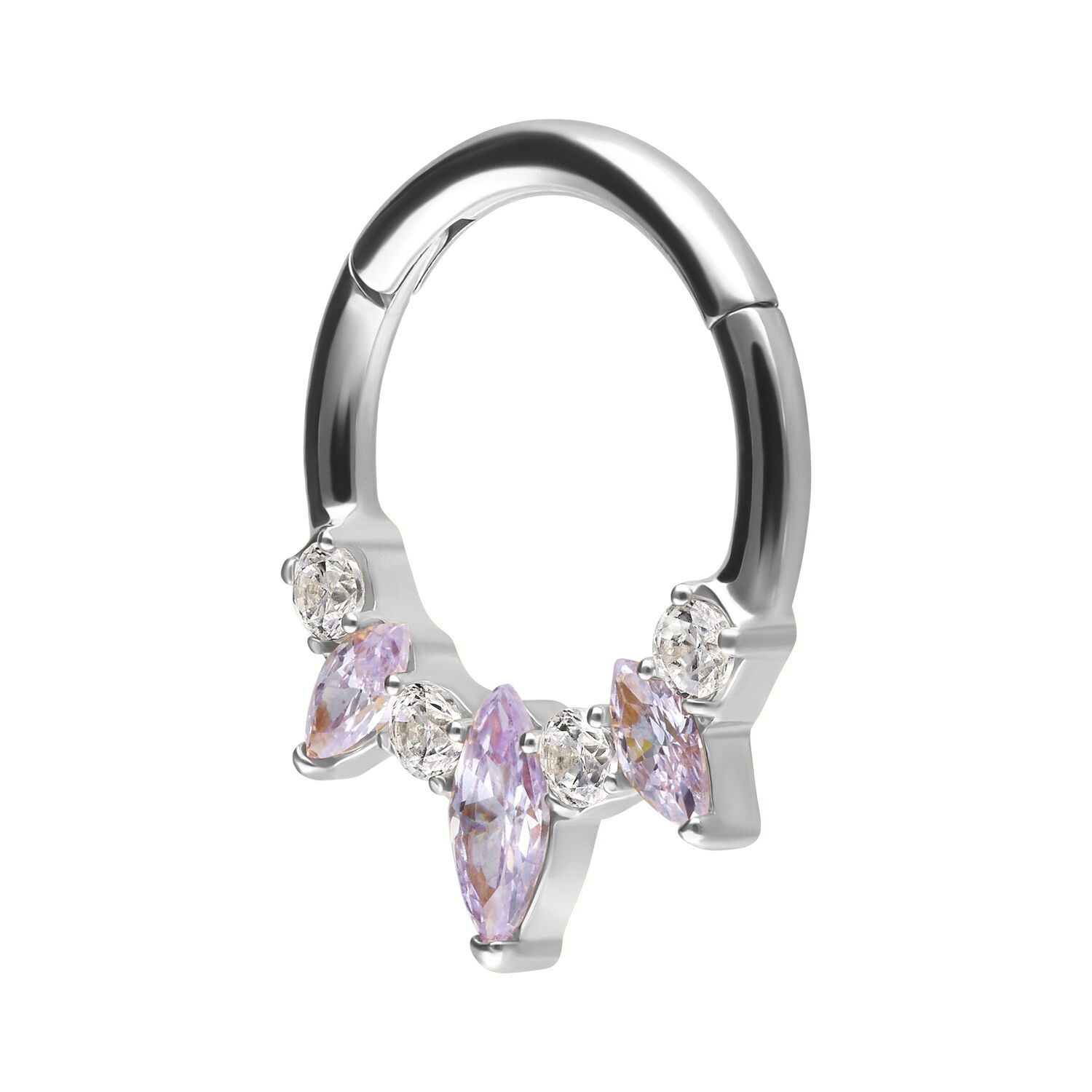 Clicker de Septum en Argent avec Cristaux Lavande Clicker de Septum argenté avec cristaux lavande sur fond blanc