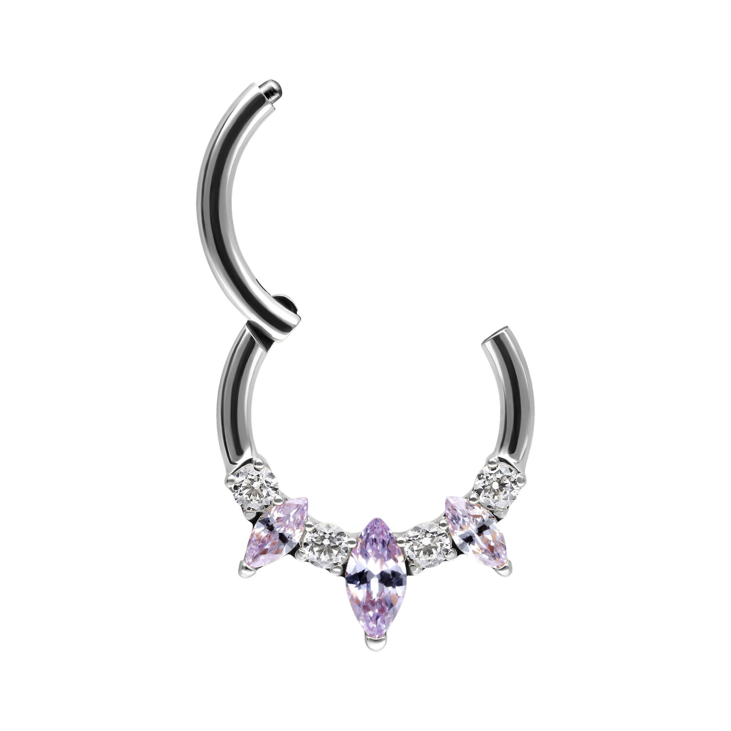 Clicker de Septum Argenté avec Cristaux Lavande Clicker de Septum en métal argenté avec cristaux lavande sur fond blanc