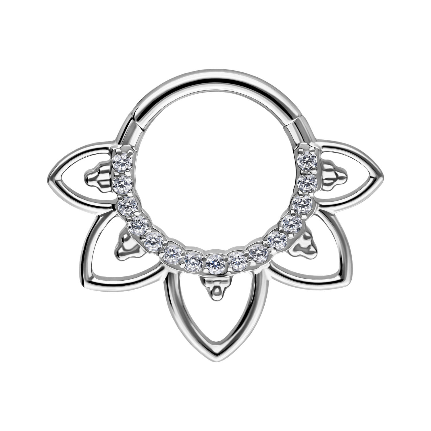 Clicker septum argenté avec fleurs en cristal Clicker septum argenté avec motif floral et cristaux sur fond blanc